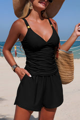 Solid Color V-neck Casual Pocket Stretch Two-piece Swimsuit
