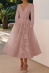 Floral Print V-neck Long Sleeve Tie Waist Elegant Midi Dress