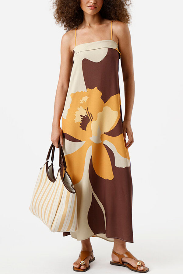 Light Breeze Color-block Floral Print Adjustable Strap H-line Midi Dress