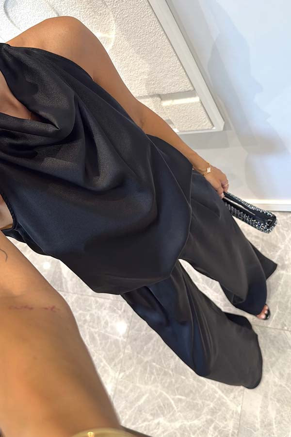 Classic on You Satin High Cowl Neck Top and Elastic Waist Pocket Loose Pants Set