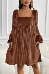 Solid Color Velvet Square Neck Long Sleeve Pocket Casual Mini Dress