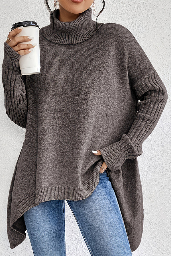 Solid Color High Collar Long Sleeve Loose Knitted Sweater