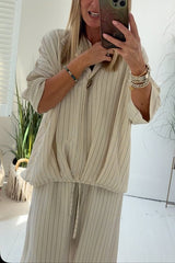 Fashion Striped Print Lapel Loose Top and Elastic Waist Casual Wide-leg Pants Set