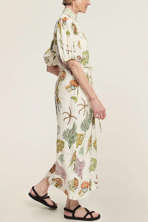 Beach Shell Print Puff Sleeve Tie-Waist Casual Midi Dress