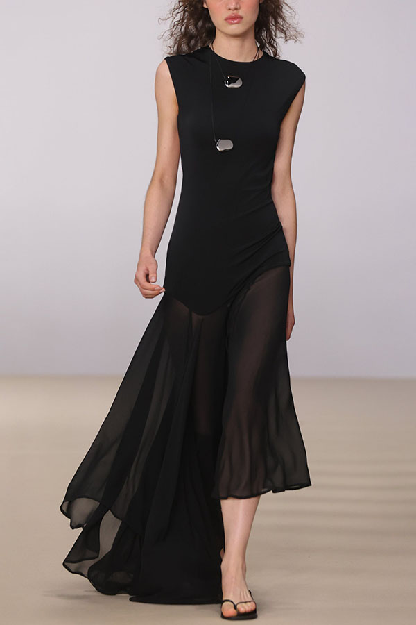 Alice Open Back Asymmetrical Tulle Hem Stretch Maxi Dress