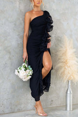 Fashion One-shoulder Pleated Sexy High Slit Slim Dress