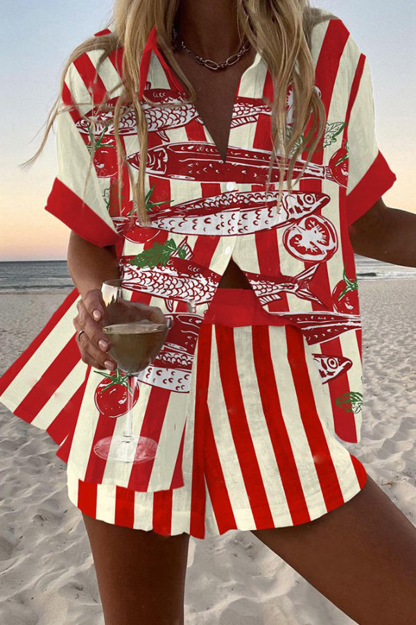 Striped Tomato Fish Print Loose Button Elastic Waist Shorts Set