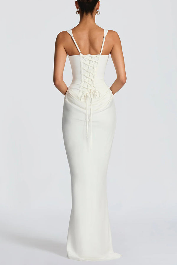 Larrah Square Neck Back Lace-up Satin Drape Hem Maxi Dress