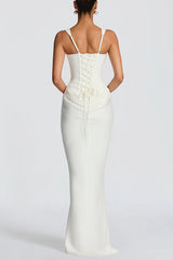 Larrah Square Neck Back Lace-up Satin Drape Hem Maxi Dress