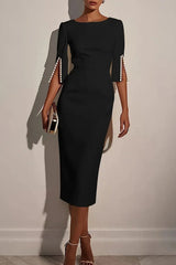 Solid Color Elegant Round Neck Half Sleeve Beaded Decorated Slim Fit Midi Dress