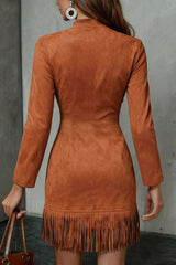 Stylish Suede Tassel Long-sleeved Slim-fit Mini Dress
