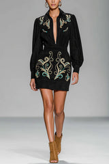Fashionable Embroidered Floral Pattern Long-sleeved Fitted Waist Mini Dress