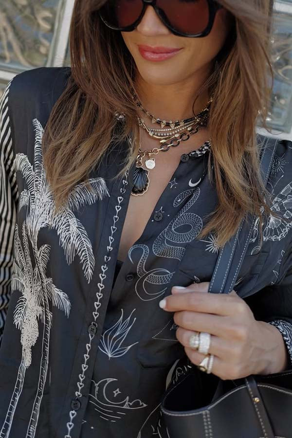 Black Magic Satin Unique Print Long Sleeve Blouse and Elastic Waist Pocket Wide Leg Pants Set