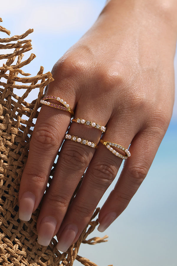 Fashionable Double-layer Inlaid Rhinestone Pearl Ring