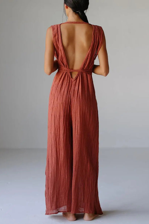 Resort Style V-neck Tie Pleated Casual Jumpsuit