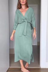 Solid Color V-neck Half-sleeve Casual Waist-tied Midi Dress