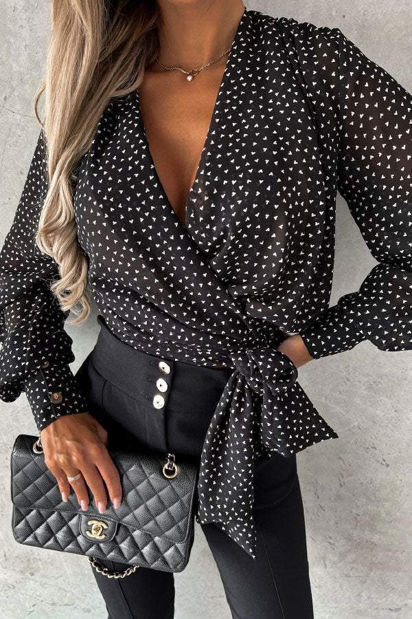 Se V-neck Print Tie Blouse