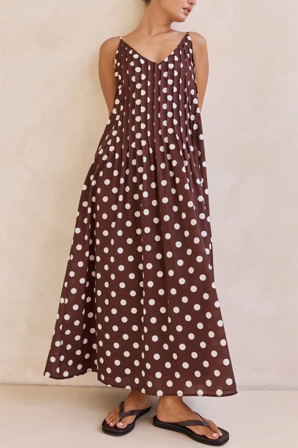 Polka Dot Print V-neck Pleated Casual Vacation Maxi Dress