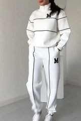 Fashionable Letter Striped Long-sleeved Sweatshirt and Elastic Waist Casual Pocket Pants Set