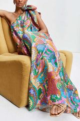 Rainbow Breeze Satin Unique Print Bow One Shoulder Loose Maxi Dress