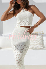 Solid Knit Hollow Halter Top and Stretch Fit Maxi Skirt Set