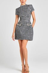 Eve Check Bouclé-tweed Fabric Pearl Trim Short Sleeve Pocketed Mini Dress