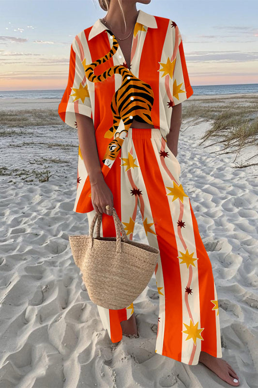 Tiger Print Oversized Shirt and Elastic Waist Pocket Pants Set