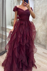 Pretty First Impression Tulle Off Shoulder Tiered Ruffle Evening Maxi Dress