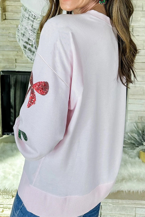Christmas Sequined Bow Crew Neck Long-sleeved Loose Sweatshirt
