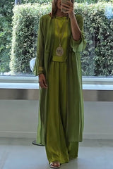 Solid Color Long Cardigan + Round Neck Casual Top and Elastic Waist Wide Leg Pants Three-piece Set