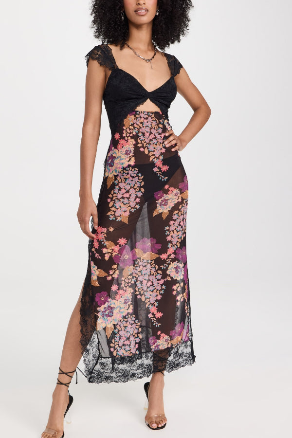 Floral Print Lace Patchwork Hollow-out Slim-fit Midi Dress