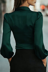 Satin V-neck Long-sleeved Casual Tie-wst Shirt