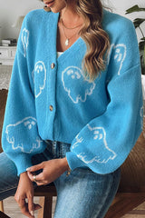 Halloween Ghost Pattern Casual Button-Down Knit Sweater