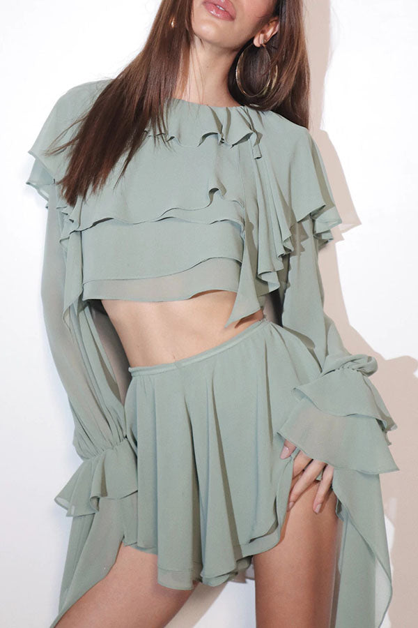 Chic Dance Chiffon Layered Ruffles Long Bell Sleeve Crop Top and Wide Leg Shorts Set