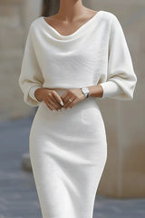 Solid Color Batwing Sleeve Fitted Wst Elegant Midi Dress