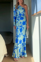 Satin Botanical Print One-Sleeve Resort Maxi Dress