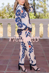 Unique Printed Lapel Long-sleeved Loose Shirt and Casual Pocket Wide-leg Pants Set