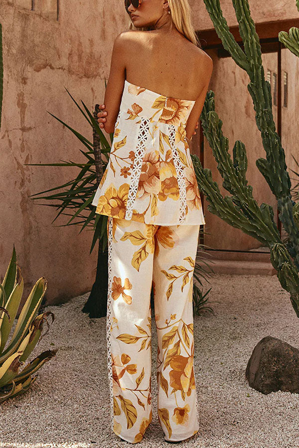 Lorde Linen Blend Floral Print Cutout Trim A-line Tank and High Rise Pocket Wide Leg Pants Set