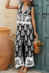Bohemian Style Unique Print V-neck Sleeveless Top and Elastic Waist Casual Pocket Wide-leg Pants Set