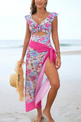 Printed V-neck Ruffled Stretch One-piece Swimsuit and Elegant Tulle Scarf Set