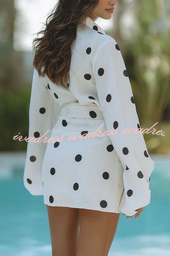 Effortlessly Linen Blend Polka Dot Balloon Sleeve Blouse and Wrap Tie-up Loose Mini Skirt Set