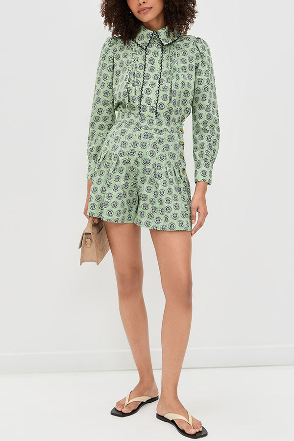 Deelia Unique Print Scalloped Edges Long Sleeve Blouse and Pleated Button Waist Flare Shorts Set