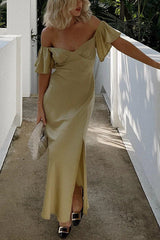 Pure Love Satin Butterfly Sleeve Slit Midi Dress