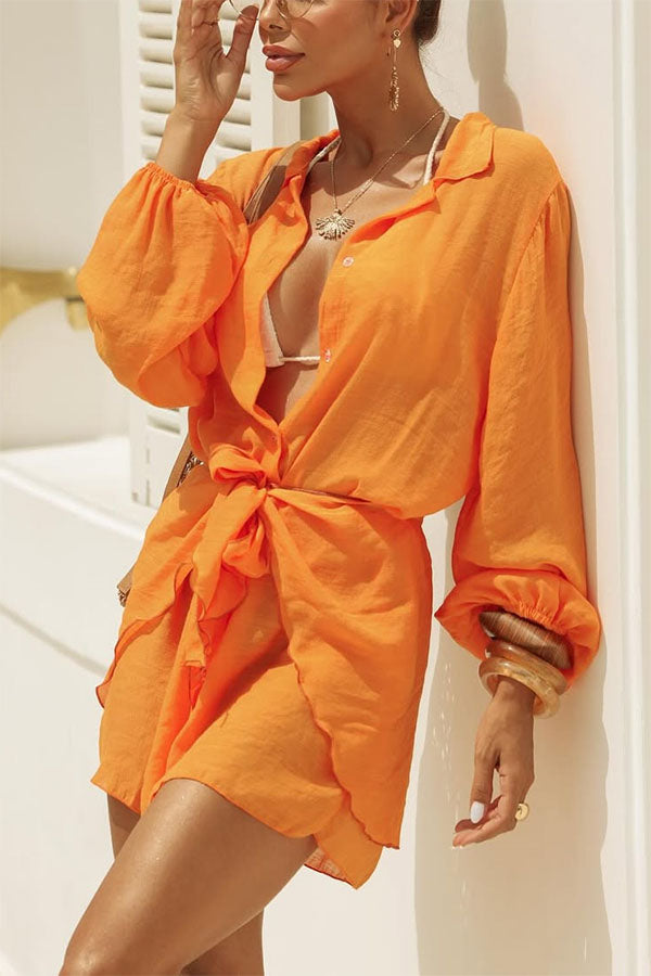 Kala Linen Blend Button Balloon Sleeve Blouse and Elastic Waist Warp Tie-up Mini Skirt Set