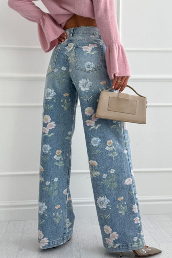 Spring Calling Denim Colorful Floral Print High Rise Pocket Straight Leg Jeans