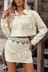 Stylish Suede Collared Long-sleeved Cropped Jacket and Elastic Wst Casual Tassel Mini Skirt Set