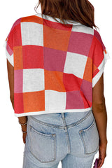 Fashionable Checkerboard Color Block Short-sleeved Loose Sweater