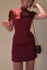 Night on The Town Lace High Neck Cape Back Lace-up Slip Mini Dress