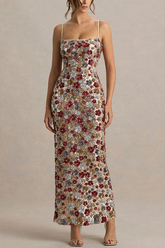 The Center of Attention Floral Print Sequin Square Neck Slip Stretch Maxi Dress