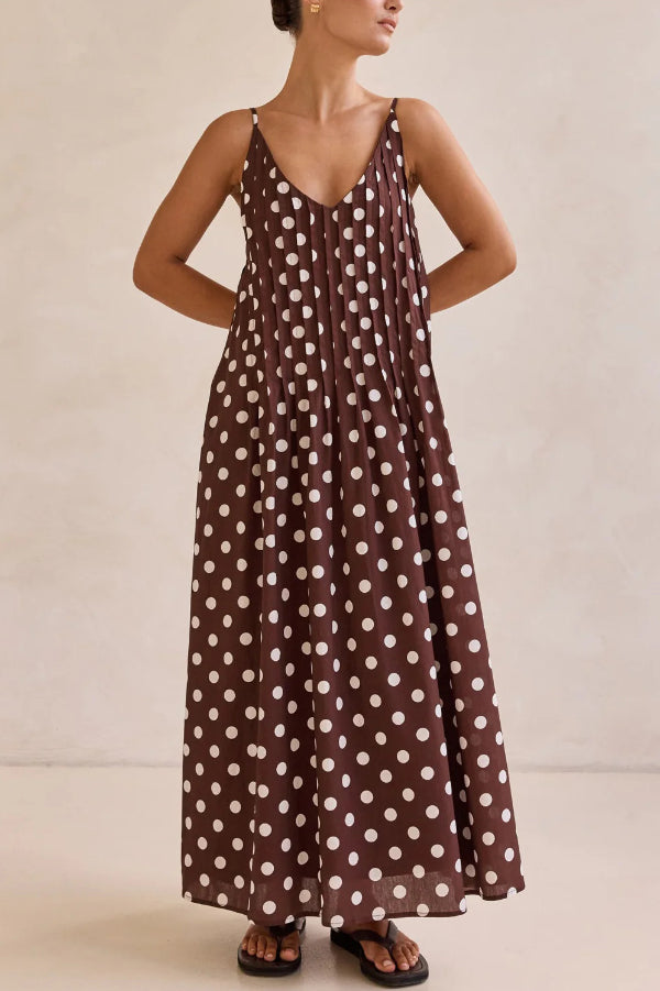 Polka Dot Print V-neck Pleated Casual Vacation Maxi Dress